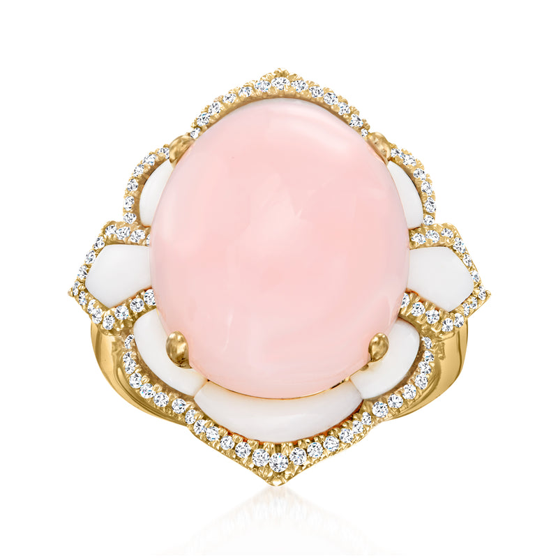 Yellow gold ring with oval pink opal center, diamond halo and curved side settings