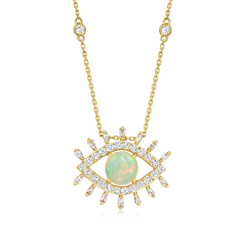 14kt yellow gold evil eye necklace with opal center and diamond accents