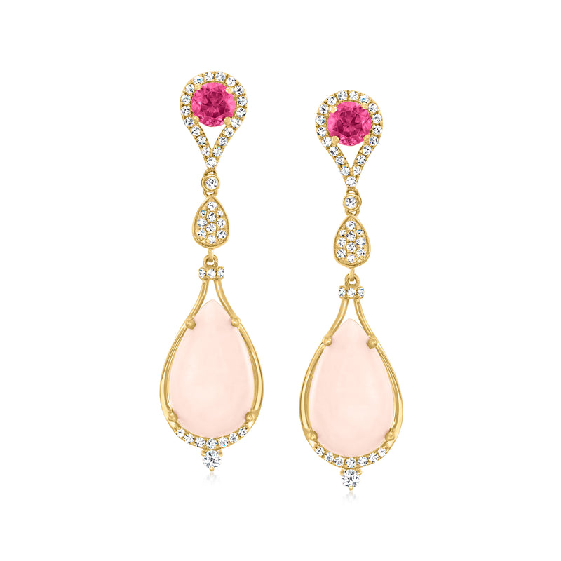 14k yellow gold drop earrings with pink pear gemstone and diamond accents, dangling