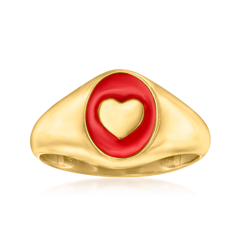 18kt gold over sterling heart signet ring with red enamel face