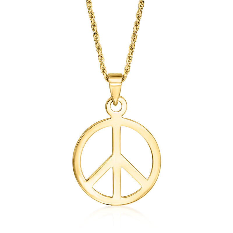 14kt yellow gold peace sign pendant on a fine chain, front view