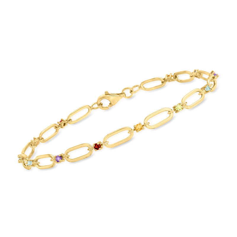 Gold over sterling paper clip link bracelet with multicolor gemstones, oval links