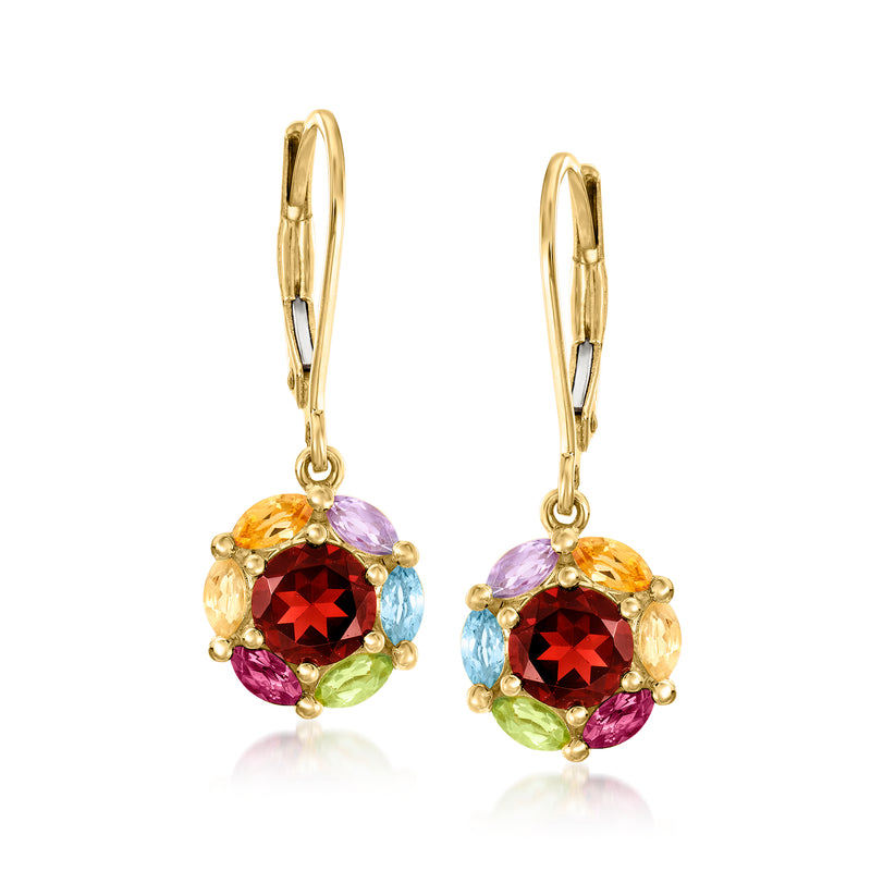 Gold over sterling leverback drop earrings with multicolor gemstone round cluster