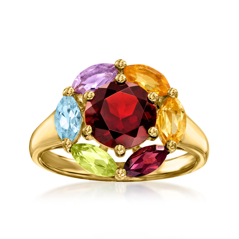 Gold over sterling multi-gemstone ring with red center and blue, purple, green stones
