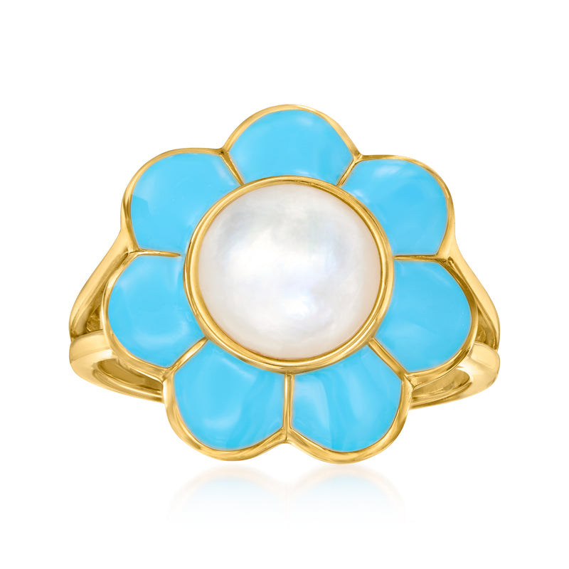 Gold flower ring with blue enamel petals and mother-of-pearl center