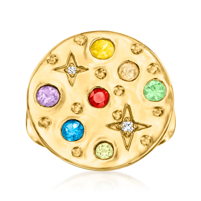 Gold over sterling star ring with multicolor round gemstones and two star settings