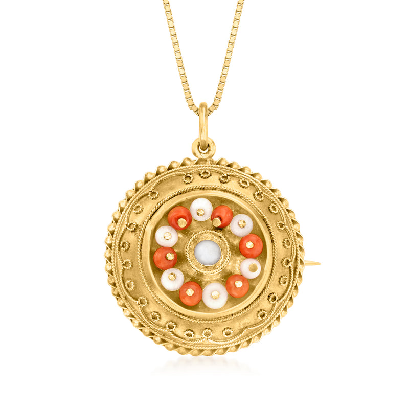 14kt yellow gold pendant necklace with circular red and white coral bead setting
