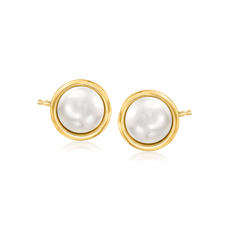 14kt yellow gold cultured button pearl stud earrings, round bezel setting