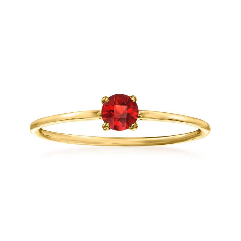 14kt yellow gold ring with a red oval garnet-style centerpiece and prong setting