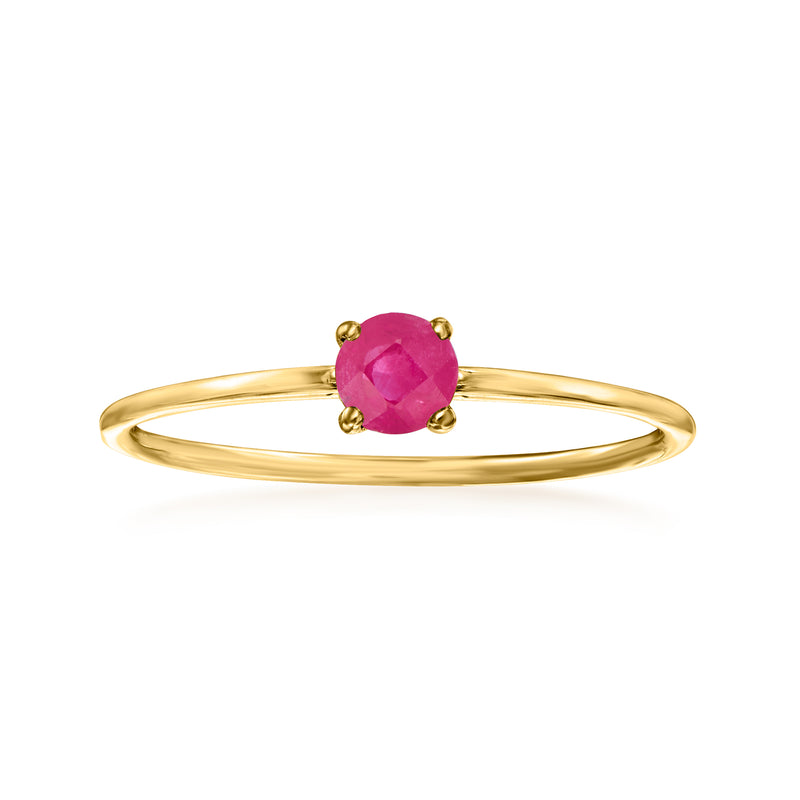 14kt yellow gold ruby ring with oval pink gemstone in four-prong setting