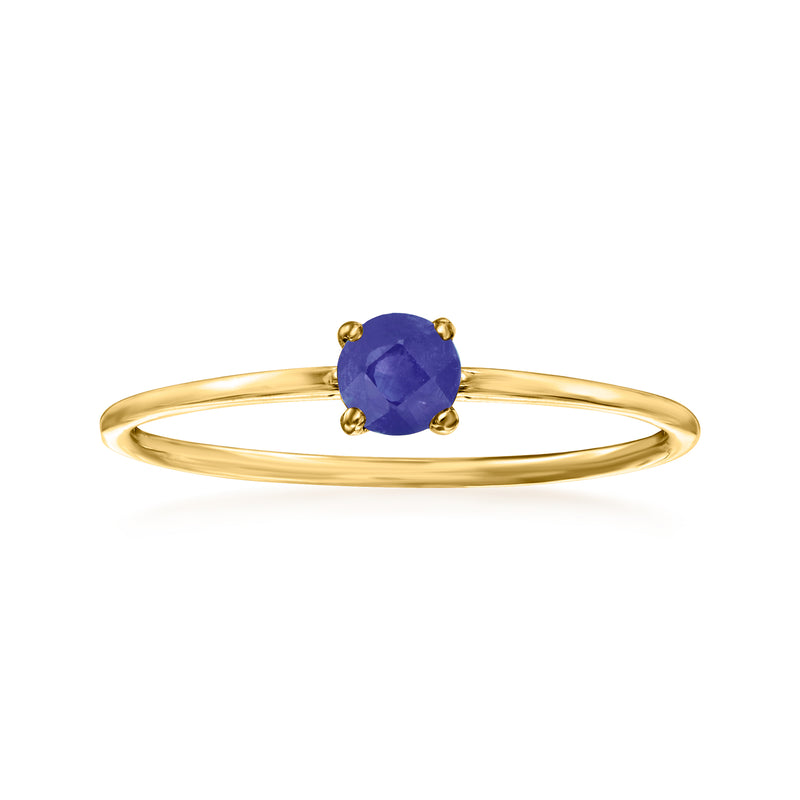 14kt yellow gold sapphire ring with oval blue gemstone and four prongs
