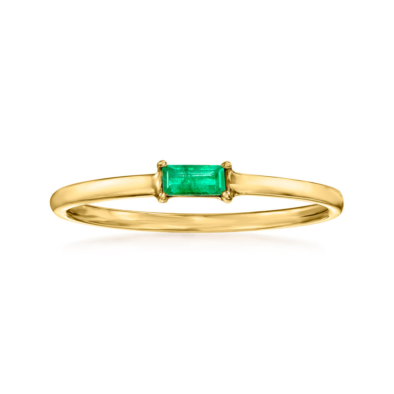 14kt yellow gold ring with emerald-cut green gemstone in bezel setting