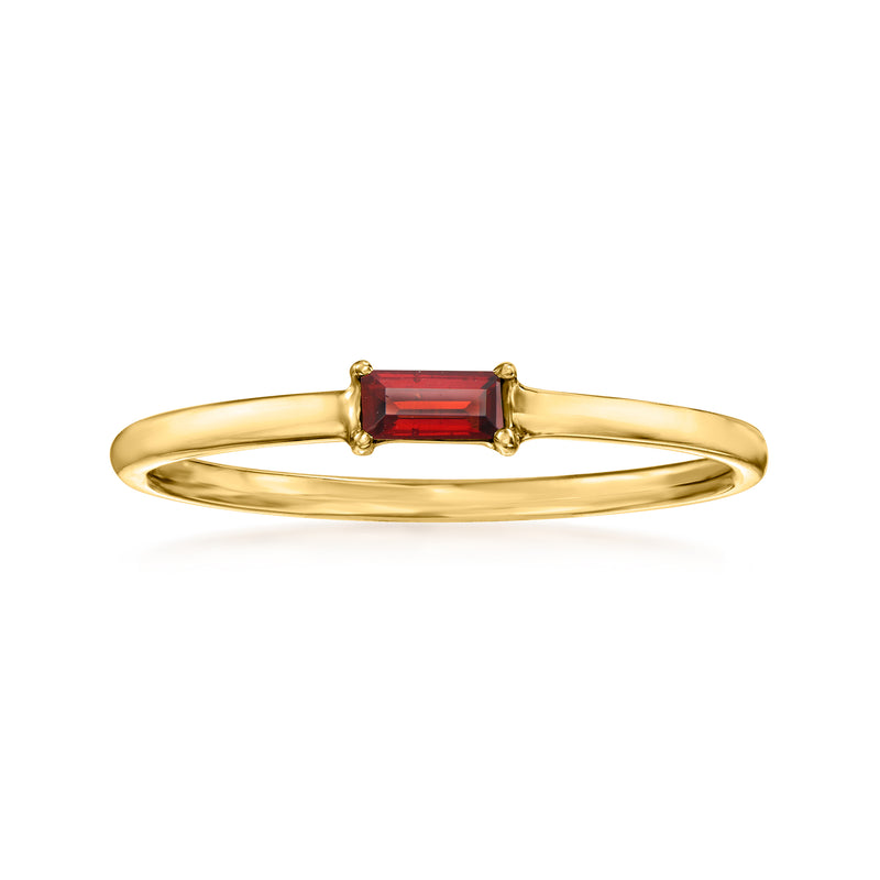 14kt yellow gold garnet ring with rectangular red stone in gold prongs
