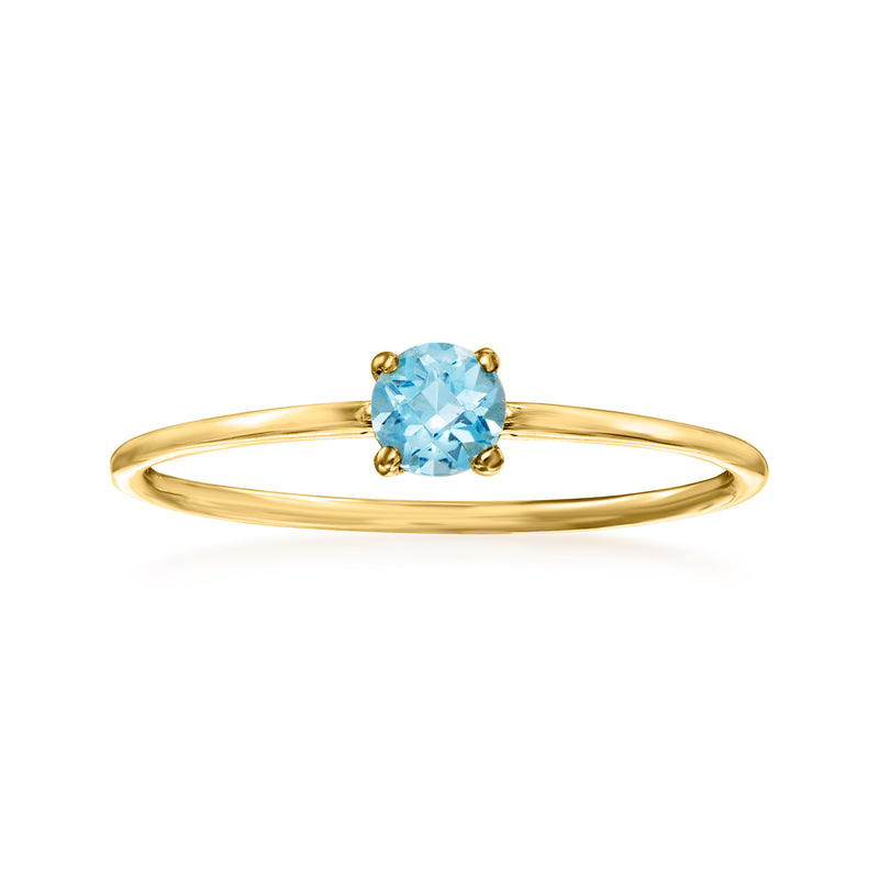 14kt yellow gold ring with oval Swiss blue topaz center stone and four prongs