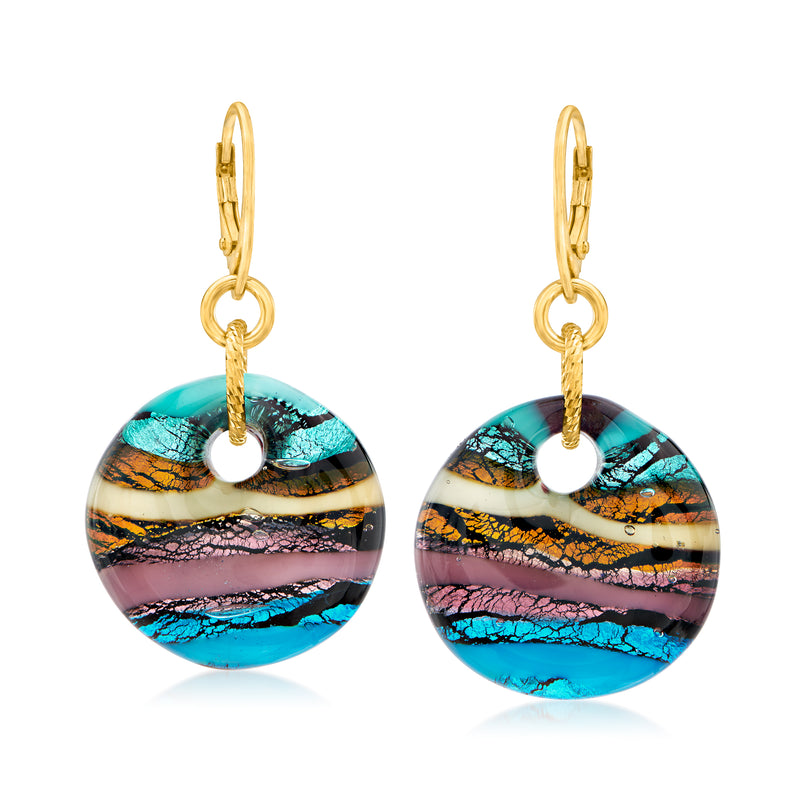 Gold leverback earrings with multicolored Murano glass round drops, teal and purple swirls