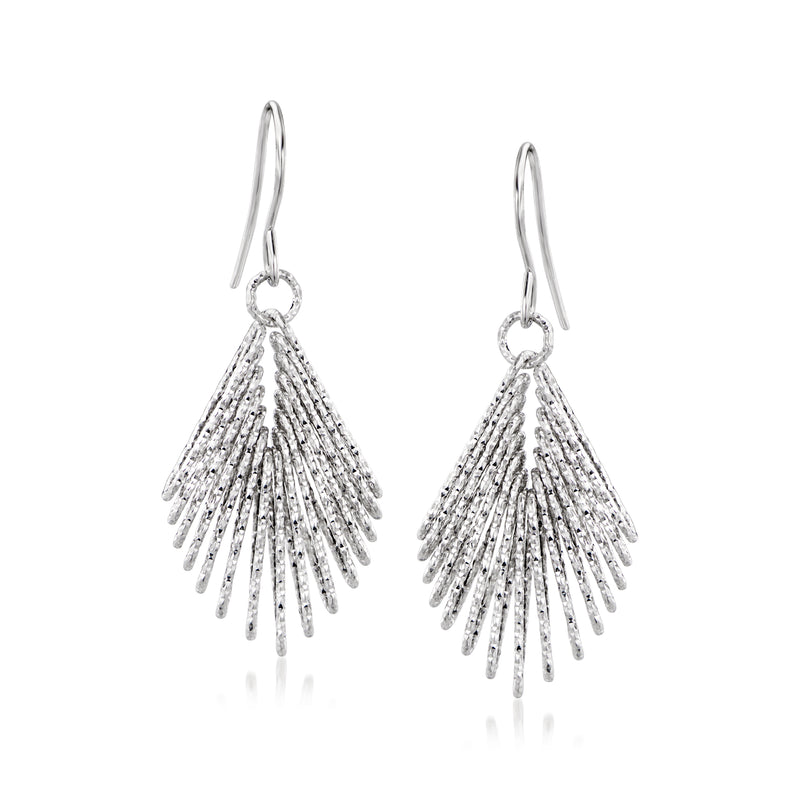 Sterling silver fan drop earrings with 3D fringed fan texture and hook earwires