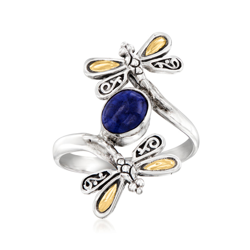 Sterling silver bypass ring with blue lapis oval and dragonfly motifs, yellow gold accents