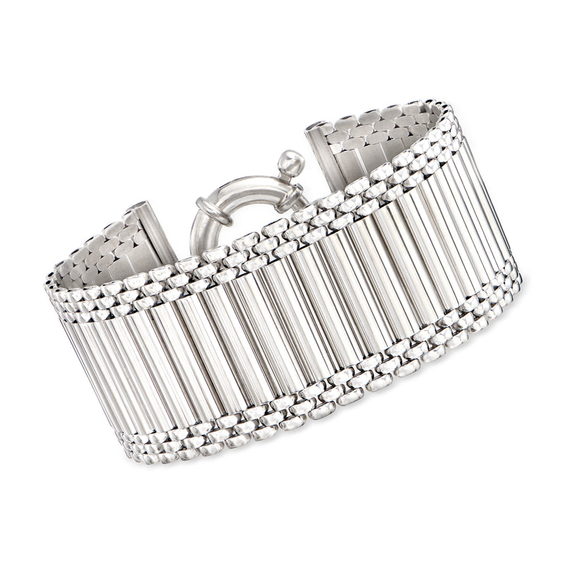 Sterling silver flat tube panther-link bracelet with hinged clasp, textured accents