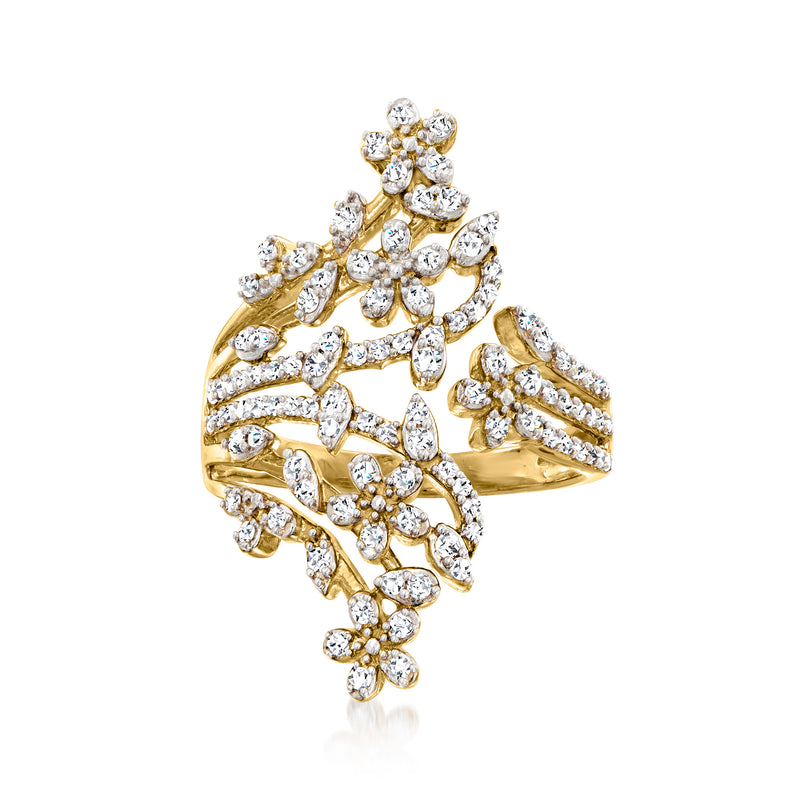 18kt gold over sterling bypass flower diamond cluster ring, open lattice design
