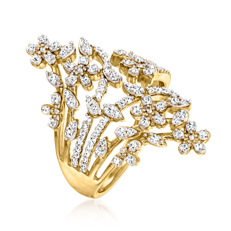 Gold bypass diamond cluster ring with prong-set round stones, curved floral band