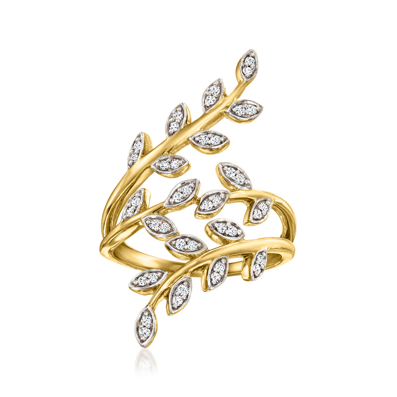 Yellow gold bypass ring with marquise diamond-like stones in vine pattern