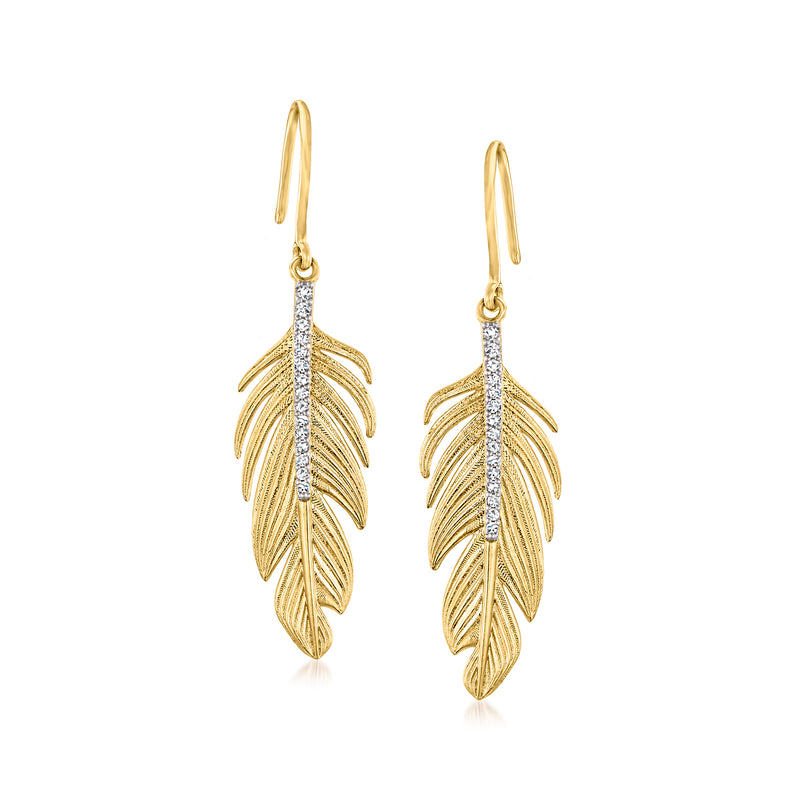 Diamond feather drop earrings with earwire hooks in gold over sterling