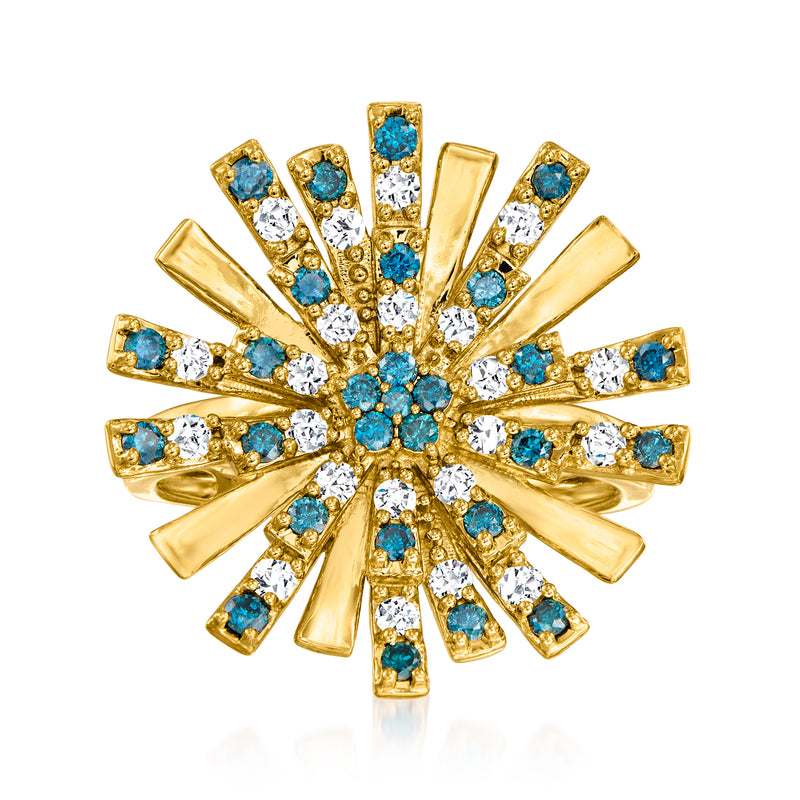 Gold-tone diamond flower ring with blue and white gemstones in starburst design