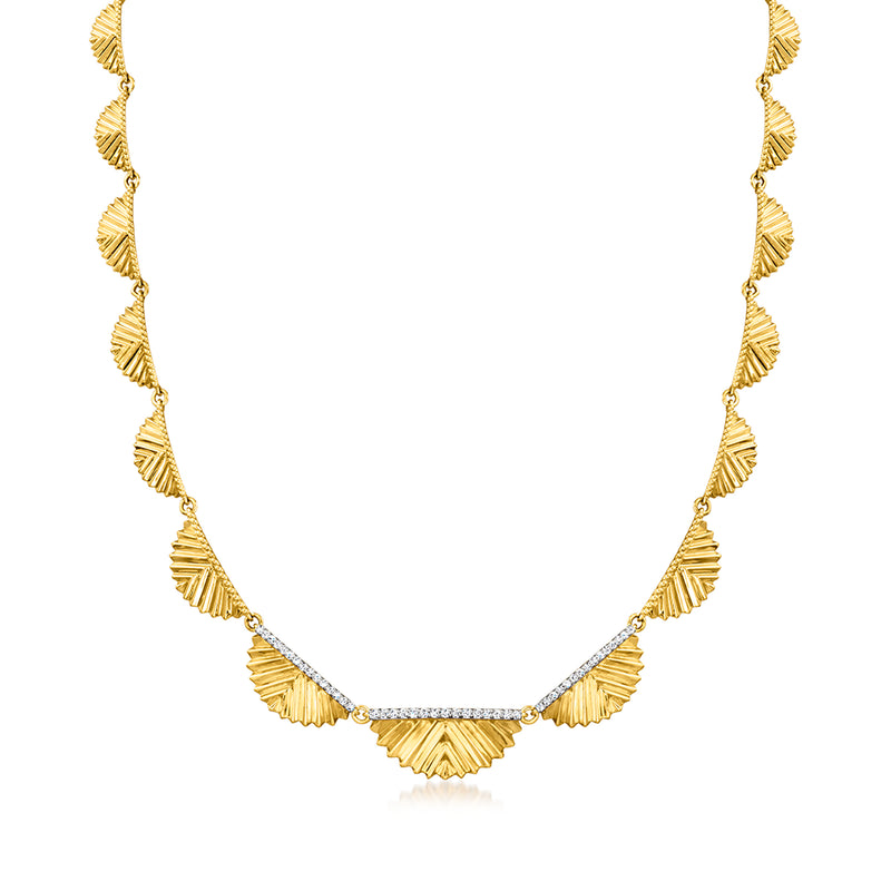 18kt gold over sterling fan necklace with small round diamond accents, U-shape