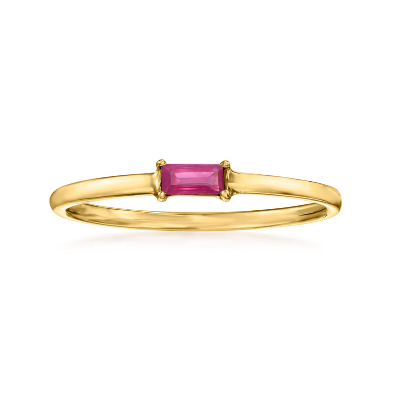 14kt yellow gold ruby ring with rectangular pink gemstone in four-prong setting