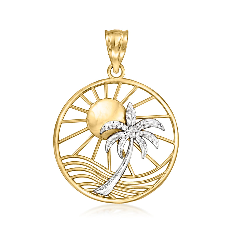 14kt two-tone gold beach pendant with sun, palm tree, and wavy shoreline details