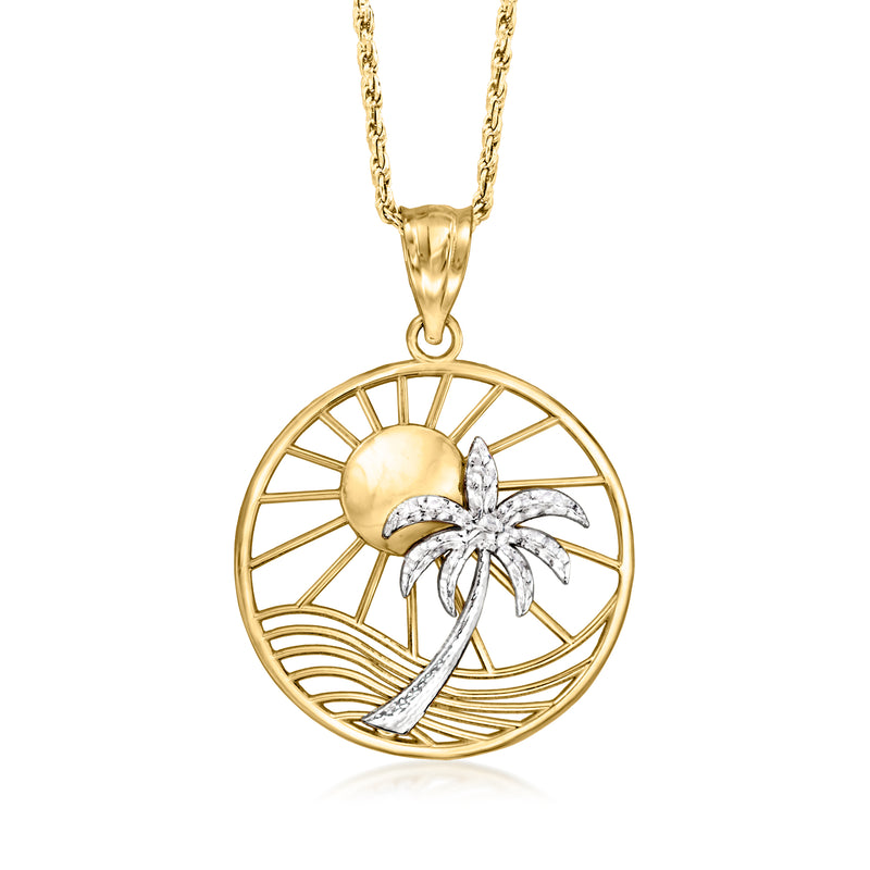 Two-tone gold beach pendant with palm tree, sun disk, and wavy shoreline design