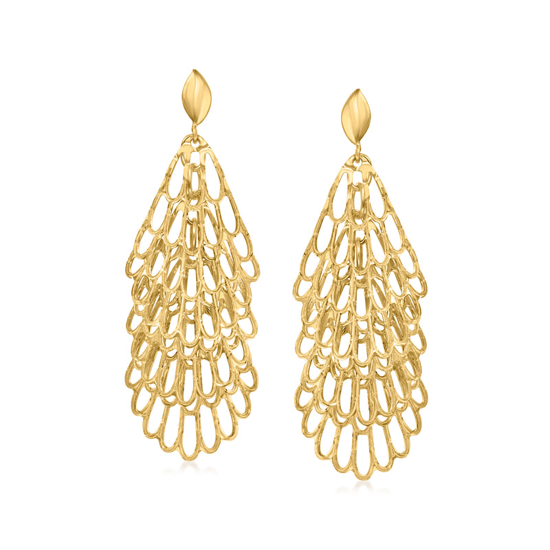 14kt yellow gold openwork chandelier drop earrings, teardrop lattice design