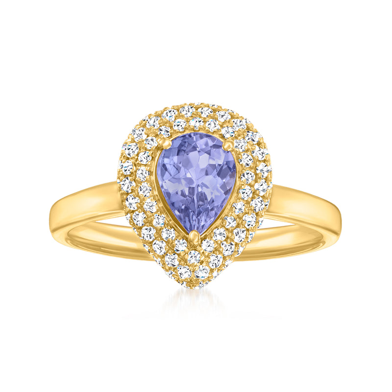 14kt yellow gold ring with oval lavender tanzanite and diamond halo