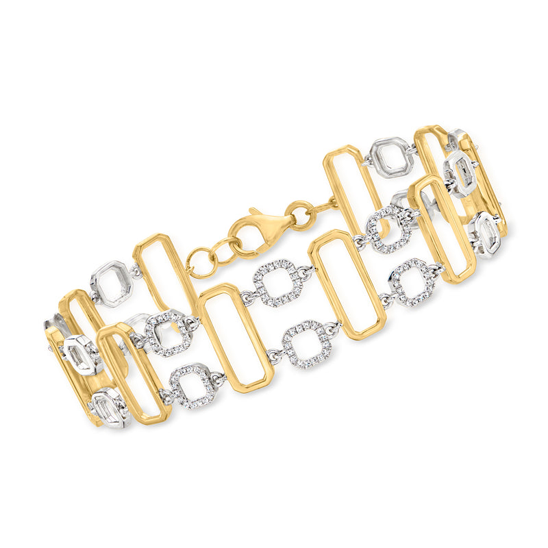 Two-tone sterling silver geometric-link bracelet with diamond-cut square and round motifs