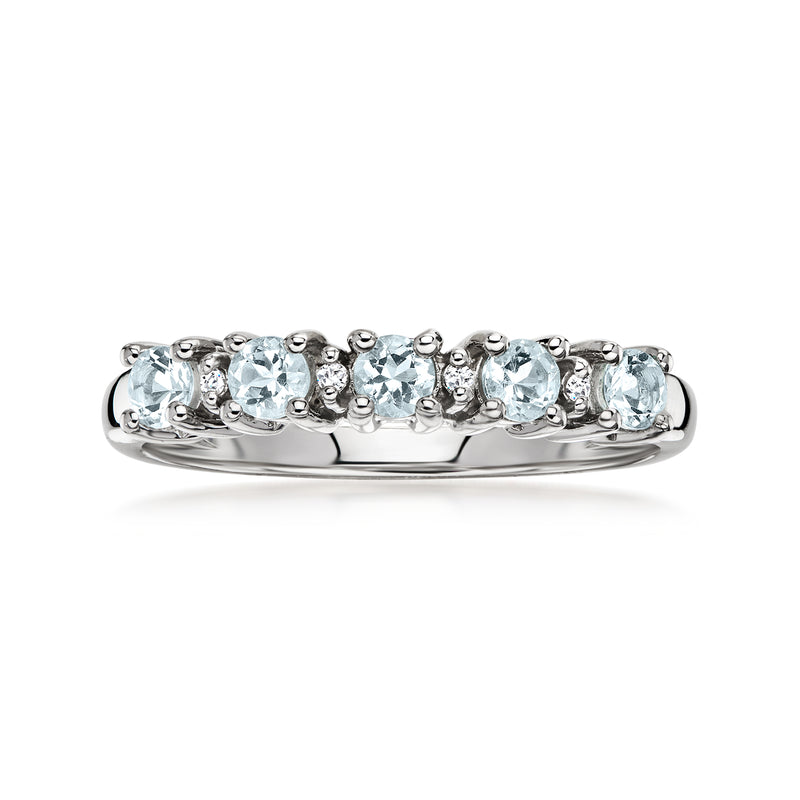 Aquamarine five-stone ring with diamond accents in sterling silver, five oval blue stones