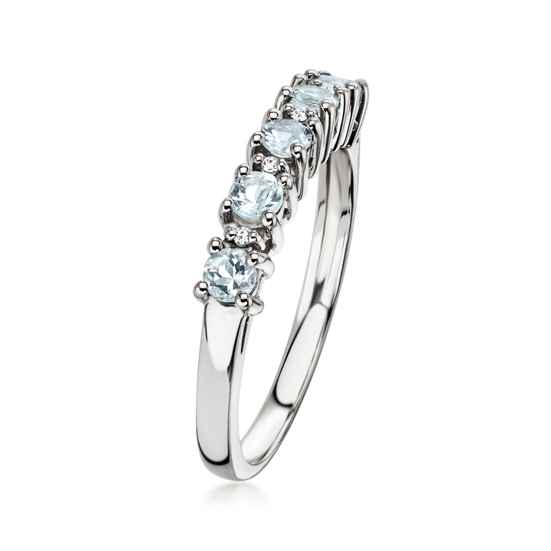 Sterling silver five-stone ring with oval aquamarine and small round diamond accents