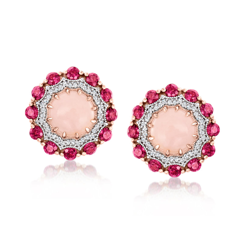 Rose gold halo stud earrings with pink round gemstones and a light pink center
