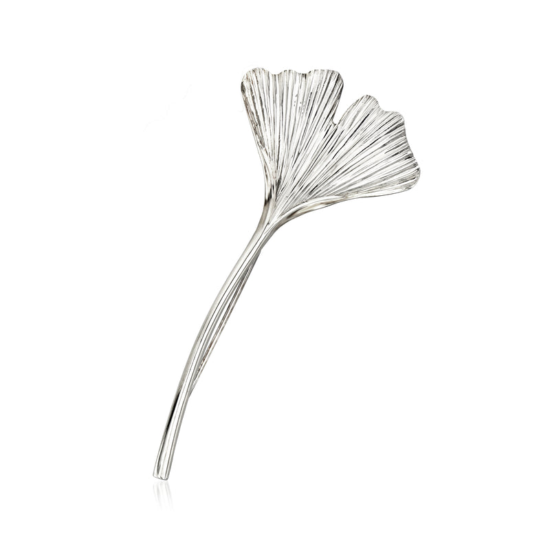 Sterling silver ginkgo leaf pin with long stem detail