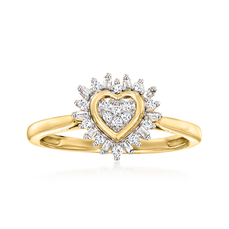 10kt yellow gold diamond heart burst ring with pave halo and small round stones