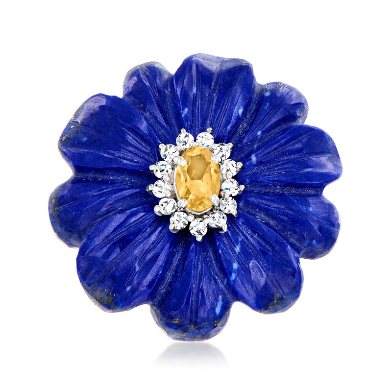Sterling silver flower ring with blue lapis petals, yellow center, and white stones