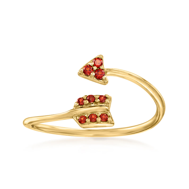 10kt yellow gold arrow bypass ring with red garnet gemstones, open band