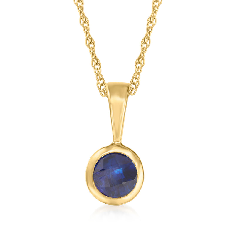 14kt yellow gold sapphire pendant necklace with round blue stone and link chain