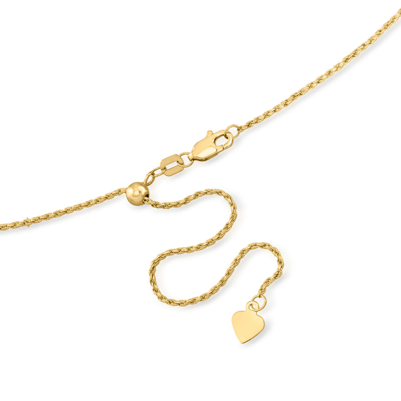 Yellow gold rope-chain necklace with heart charm and adjustable clasp