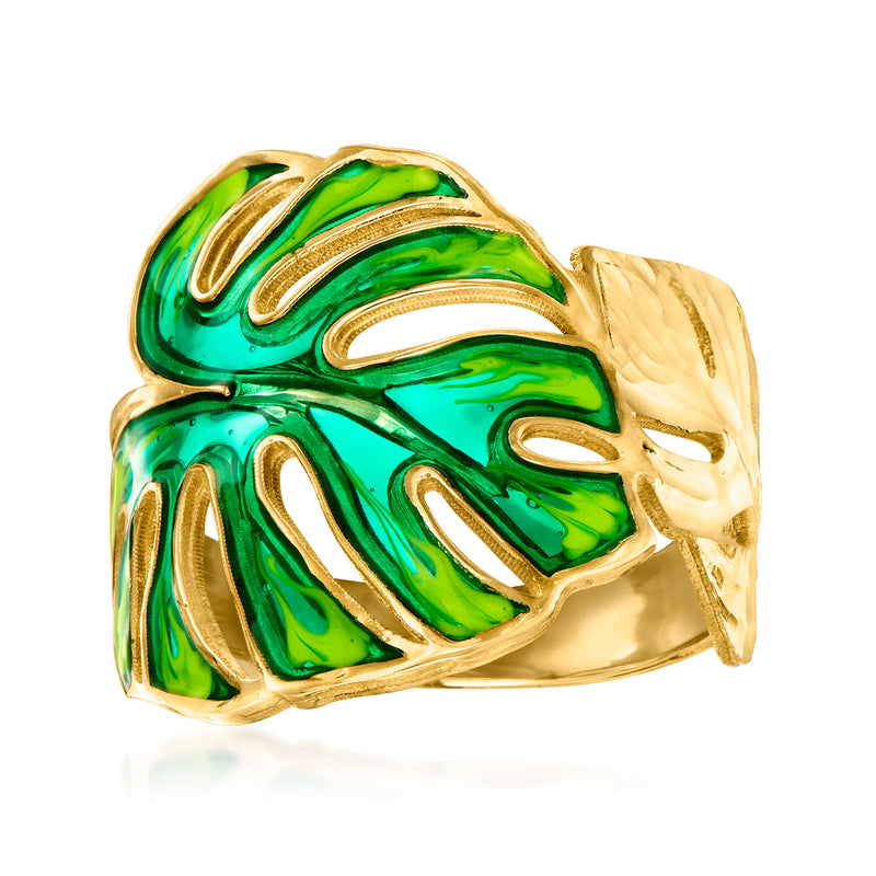 Green enamel monstera leaf ring in 14kt yellow gold, openwork band