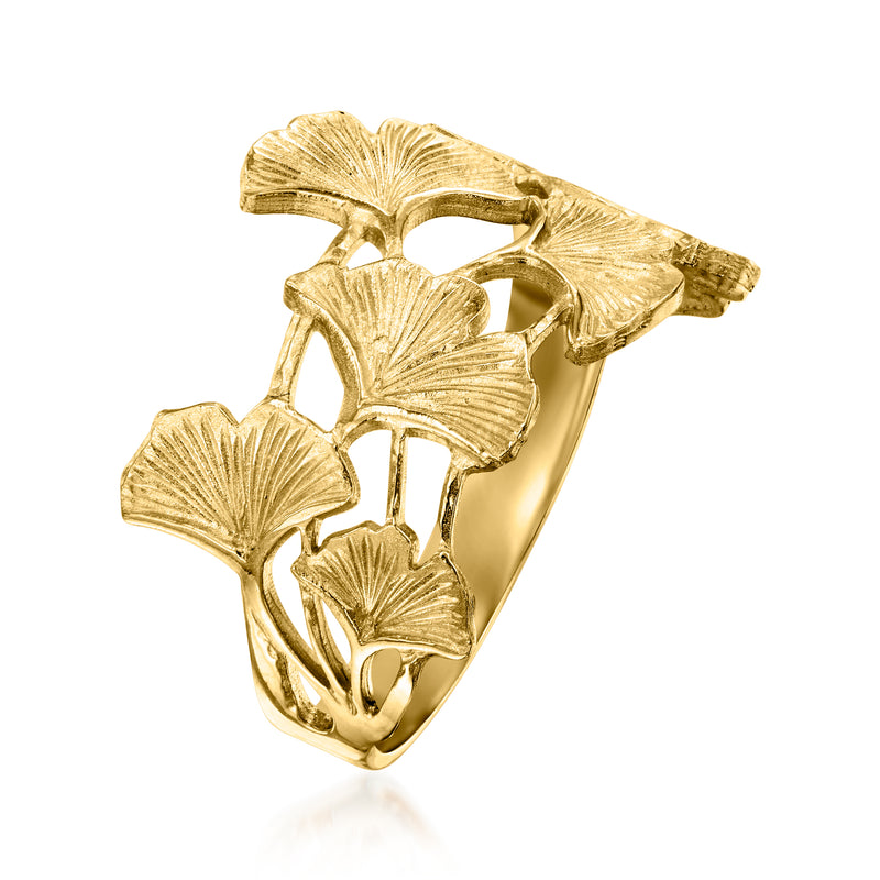 14kt yellow gold ginkgo leaf ring, angled side view with leaf cutouts