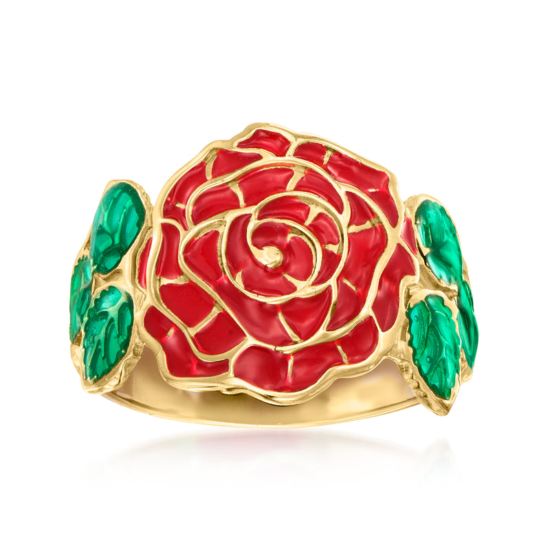 14kt yellow gold rose enamel ring with red center and green side panels