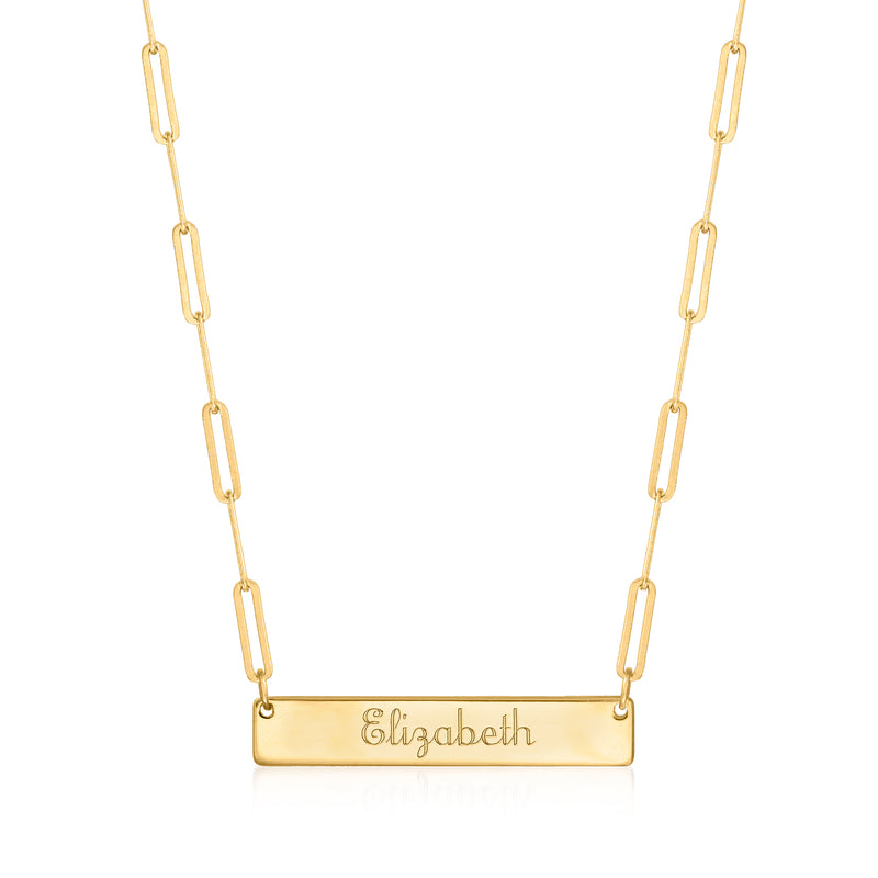 14kt yellow gold personalized paper clip link bar necklace with nameplate, Elizabeth
