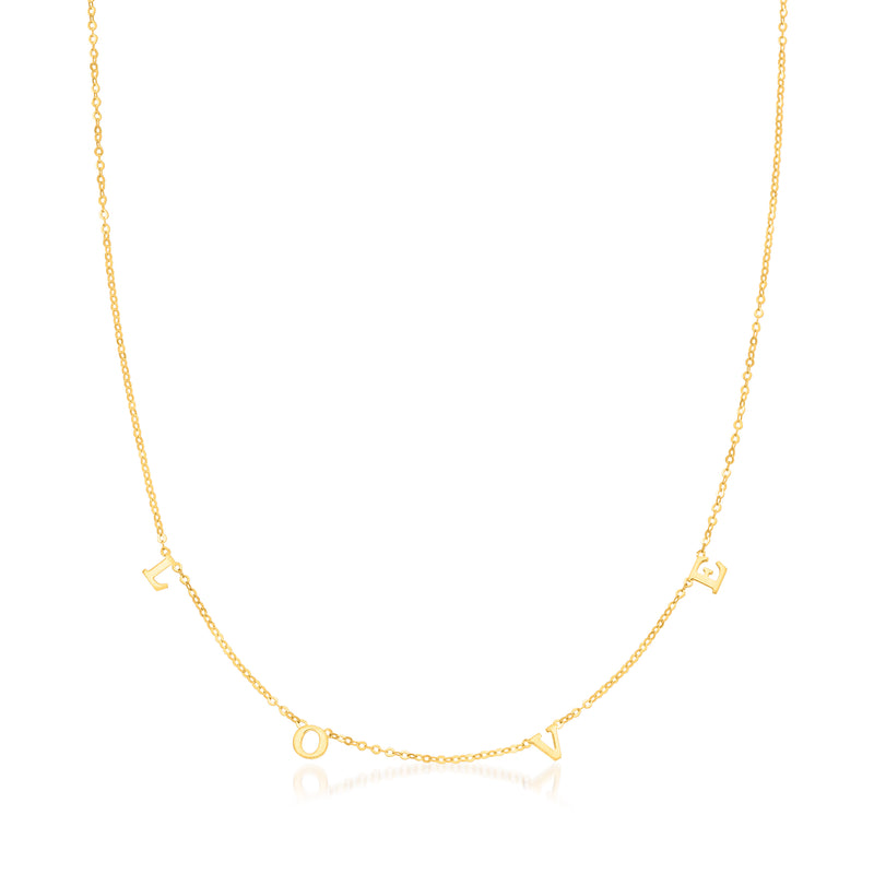 14kt yellow gold station necklace with small Love letter charms and spring-ring clasp