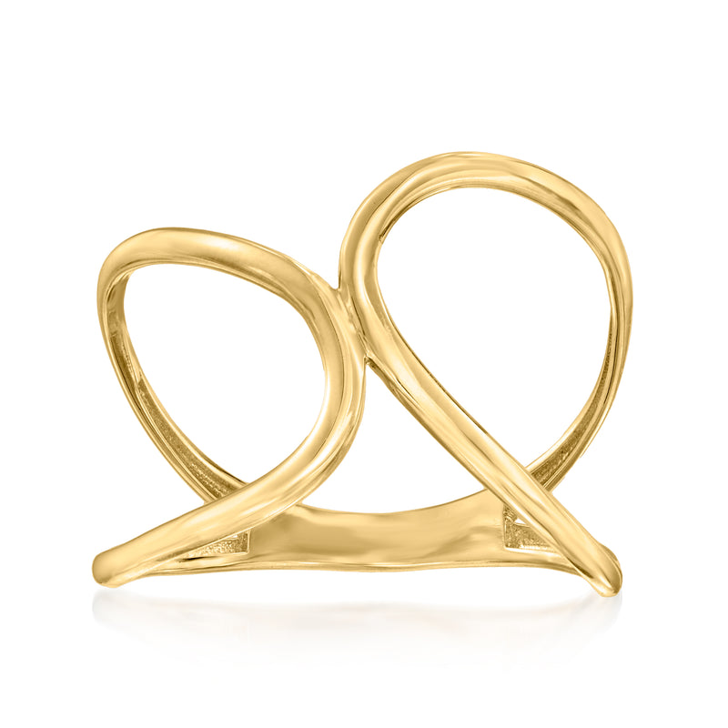 10kt yellow gold open-space twist ring with two linked teardrop loops