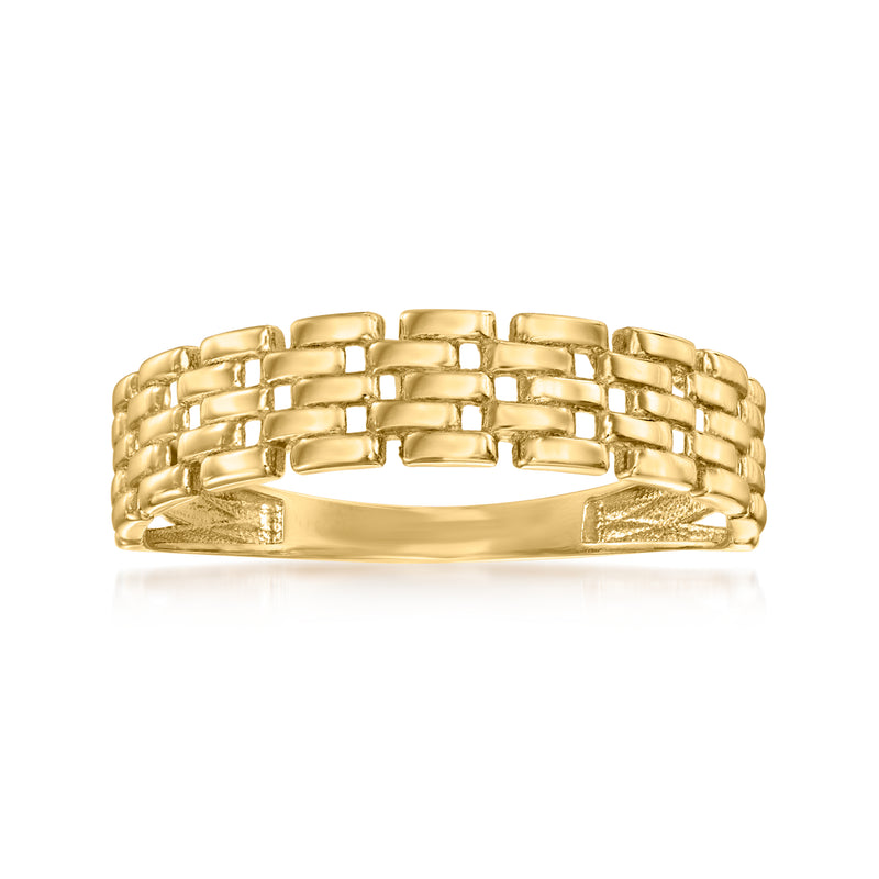 Yellow gold panther-link ring with chunky woven links, flat band profile